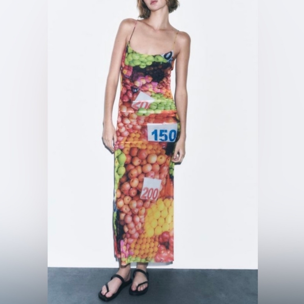 NWT ZARA Ruched Mesh Fruit Stand Strappy Maxi Dress
